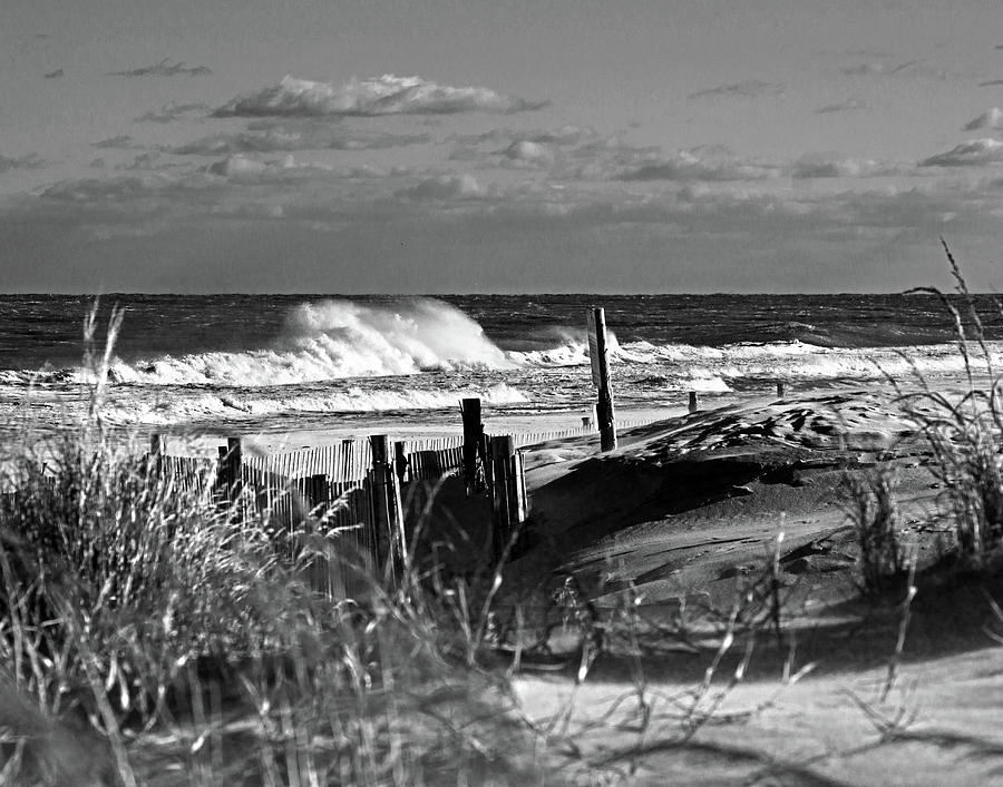 Fenwick Dunes and Waves in Black and White Photograph by Bill Swartwout