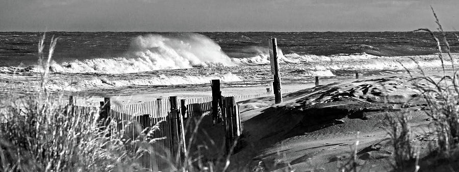 Fenwick Island Dunes and Waves Panorama in Black and White Photograph by Bill Swartwout