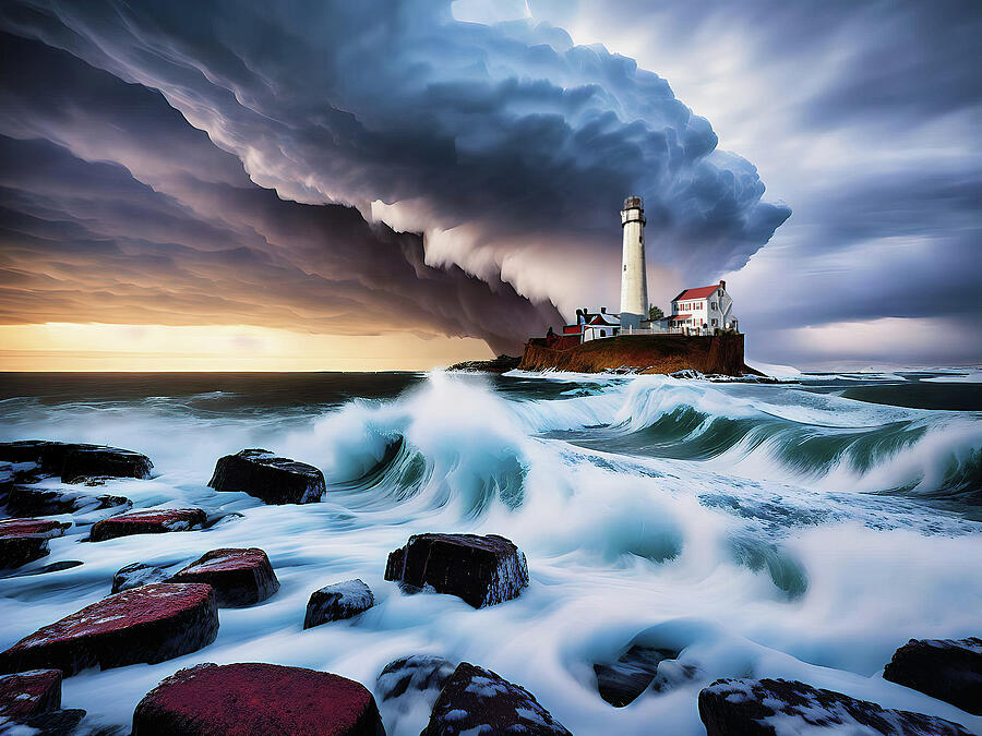 Fenwick Island Lighthouse on the Rocks Ai Art by AI Digital Fenwick Island Lighthouse on the Rocks Ai Art by AI Digital
