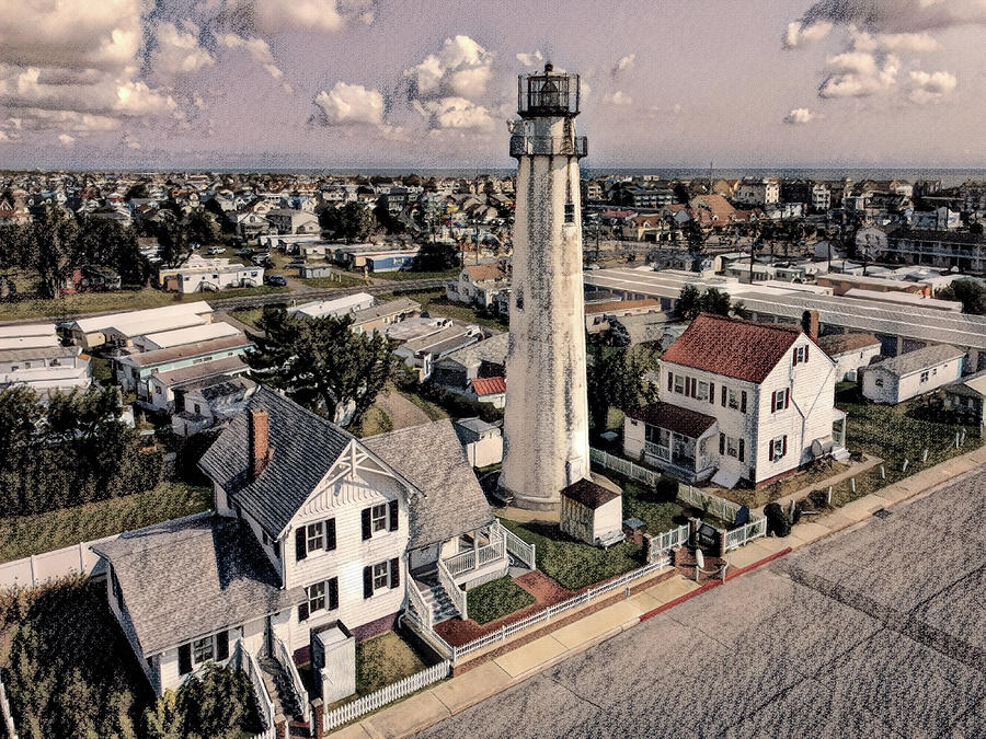 Fenwick Island Lighthouse Aerial View Charcoal by Bill Swartwout