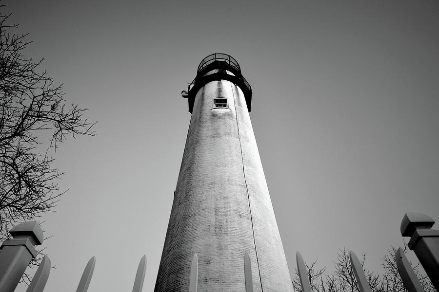 Fenwick Island Lightouse and Sky in Black and White Photograph by Bill Swartwout