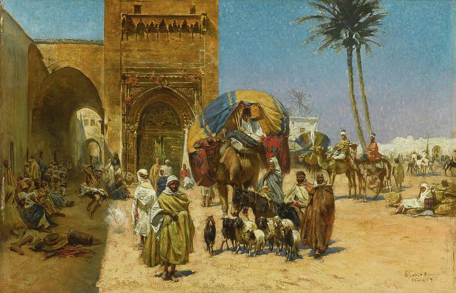 Ferencz-Franz Eisenhut 1857 - 1903   A CARAVAN OUTSIDE OF A MOSQUE Painting by Artistic Rifki