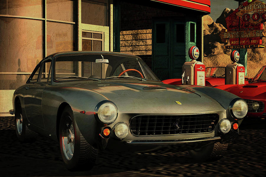 Ferrari 250GT Lusso from 1963 at an old gas station Digital Art by Jan Keteleer