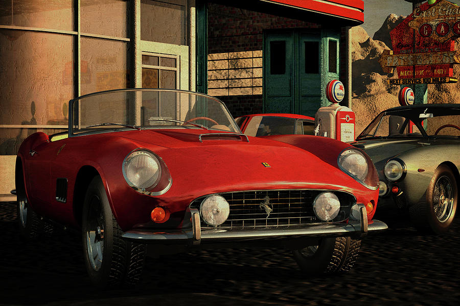 Ferrari 250GT Spyder California from 1960 at an old gas station Digital Art by Jan Keteleer