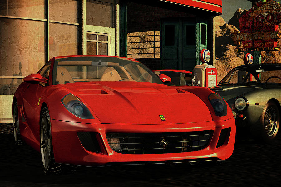 Ferrari 599 GTB Fiorano from 2006 at an old gas station Digital Art by Jan Keteleer