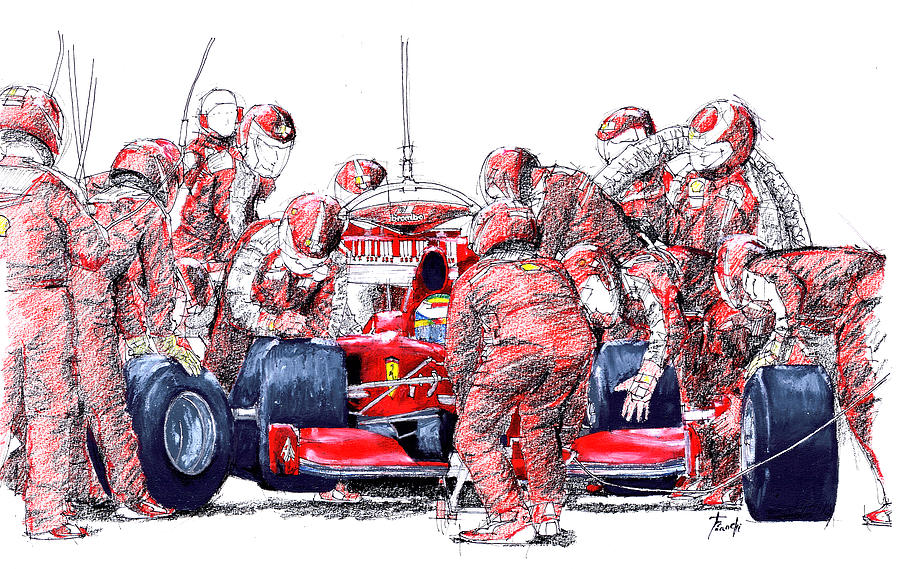 Vintage Drawing - Ferrari a boxes, pits, Original handmade drawing by Drawspots Illustrations Vintage Drawing - Ferrari a boxes, pits, Original handmade drawing by Drawspots Illustrations