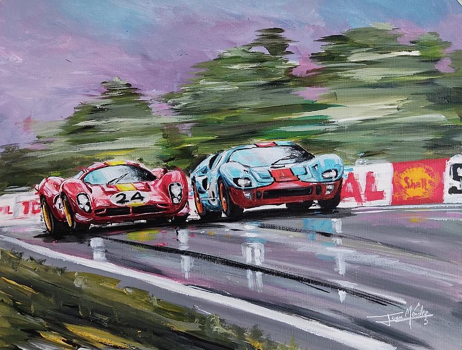 Ferrari vs Ford Painting by Juan Mendez