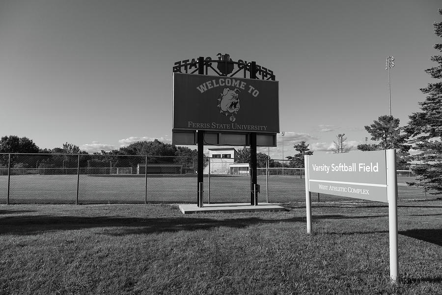 Ferris State University Bulldogs Varsity Softball Field in black and white Photograph by Eldon McGraw