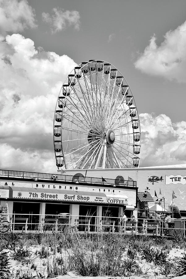 Ferris Wheel and Boardwalk - black and white - Ocean City, New Jersey Photograph by Brendan Reals