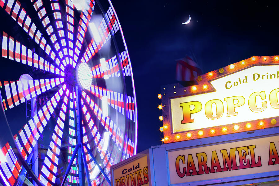 Ferris Wheel and Crescent Moon Photograph by Mark Andrew Thomas