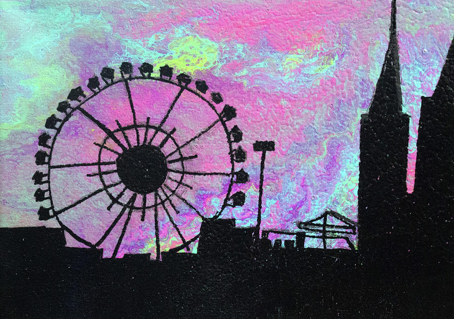 Ferris Wheel at Sunset Cityscape Silhouette Painting by Ali Baucom