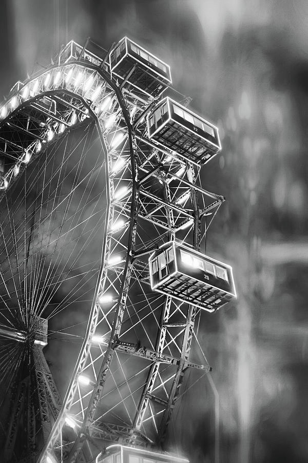 Ferris Wheel Prater Park by Night Black and White  Photograph by Carol Japp