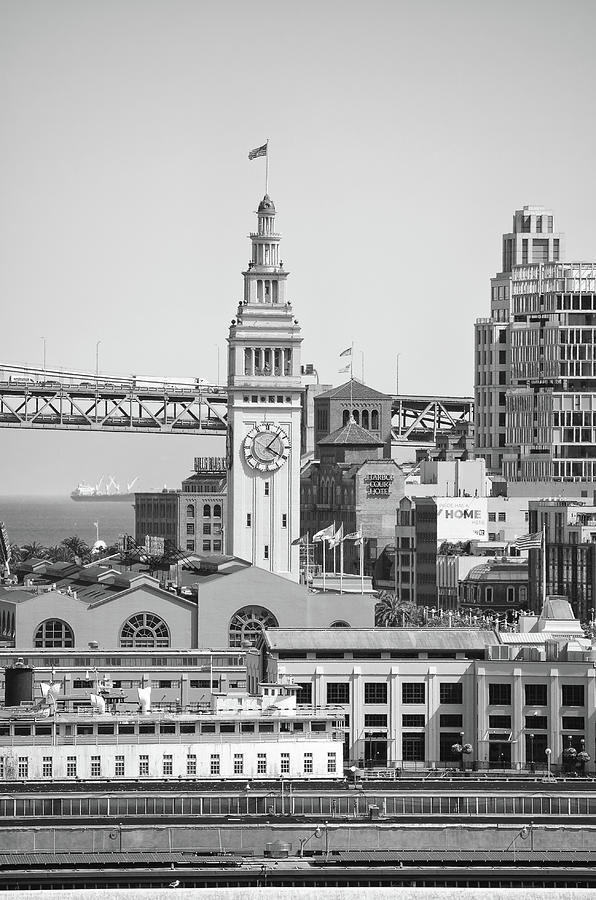 Ferry Building Clocktower and Bay Bridge San Francisco Black and White Photograph by Shawn OBrien
