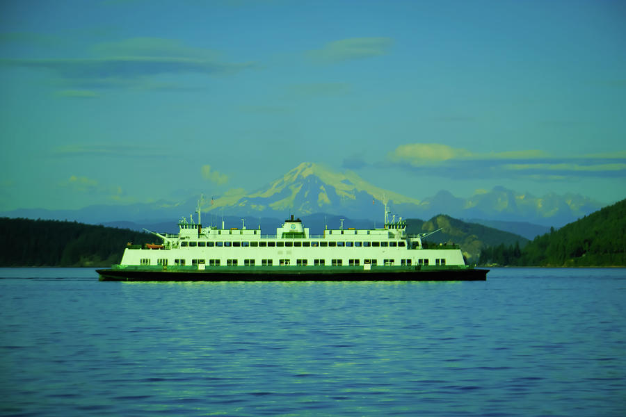 Ferry crossing in front of Mount Baker Photograph by Jeff Swan