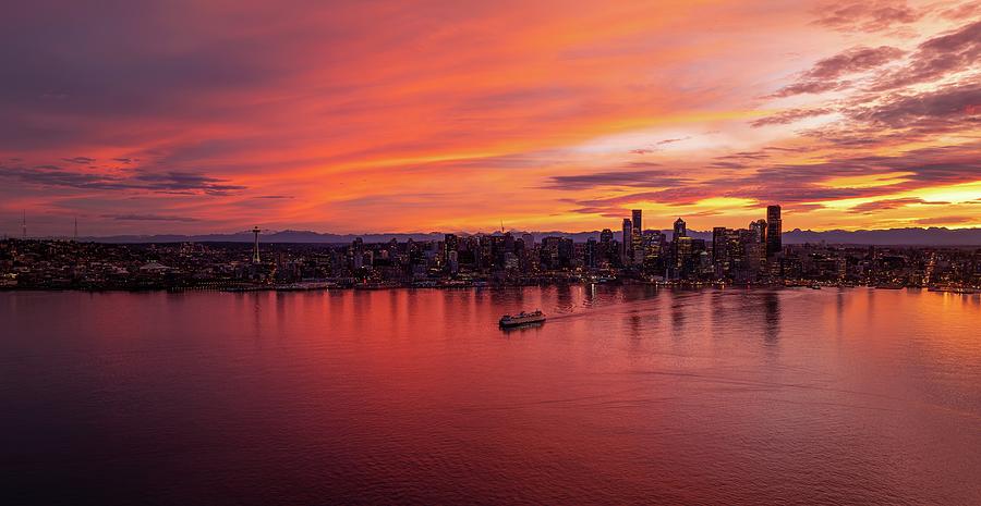 Seattle Photograph - Ferry Departing Seattle at Sunrise by Mike Reid