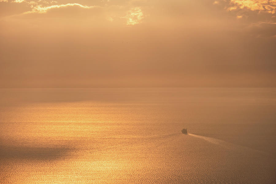 Ferry in a Sea of Golden Sunset Light Photograph by Alexios Ntounas
