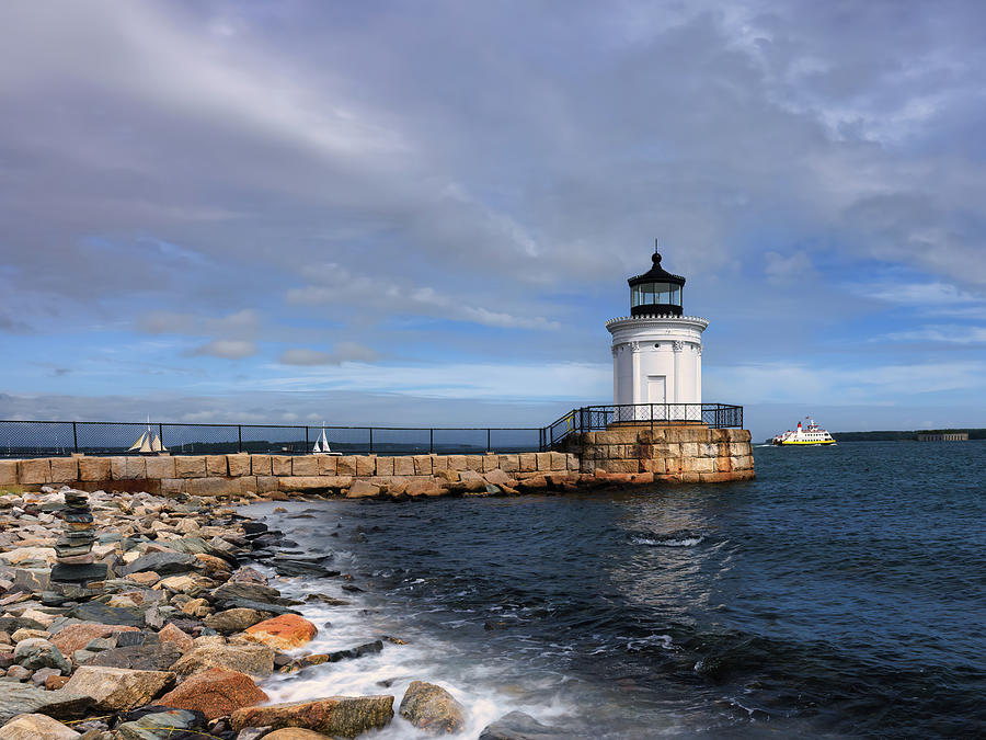 Ferry Passing Breakwater Lighthouse Photograph
