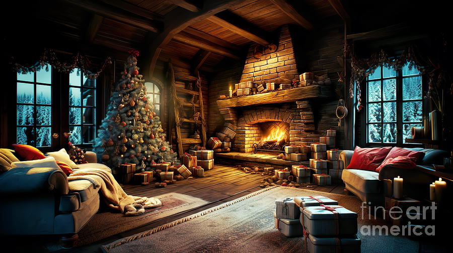 Festive atmosphere in the wooden house, with fireplace, gifts and decorated Christmas tree. Digital Art by Odon Czintos