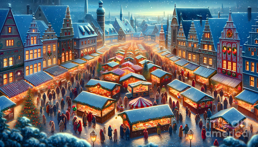 Christmas Digital Art - Festive Christmas Market, A bustling Christmas market in a snowy European town by Jeff Creation