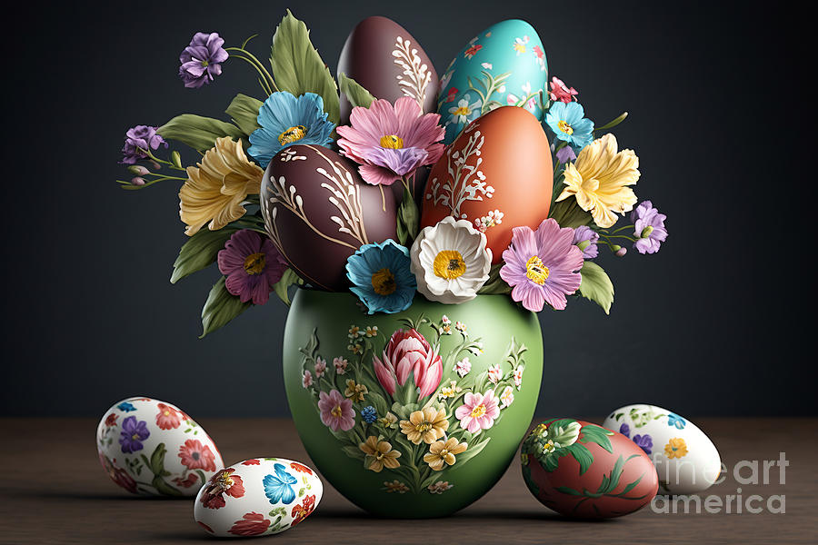 Easter Digital Art - Festive Florals, Photorealistic Easter Egg Bouquet with Spring Charm by Jeff Creation