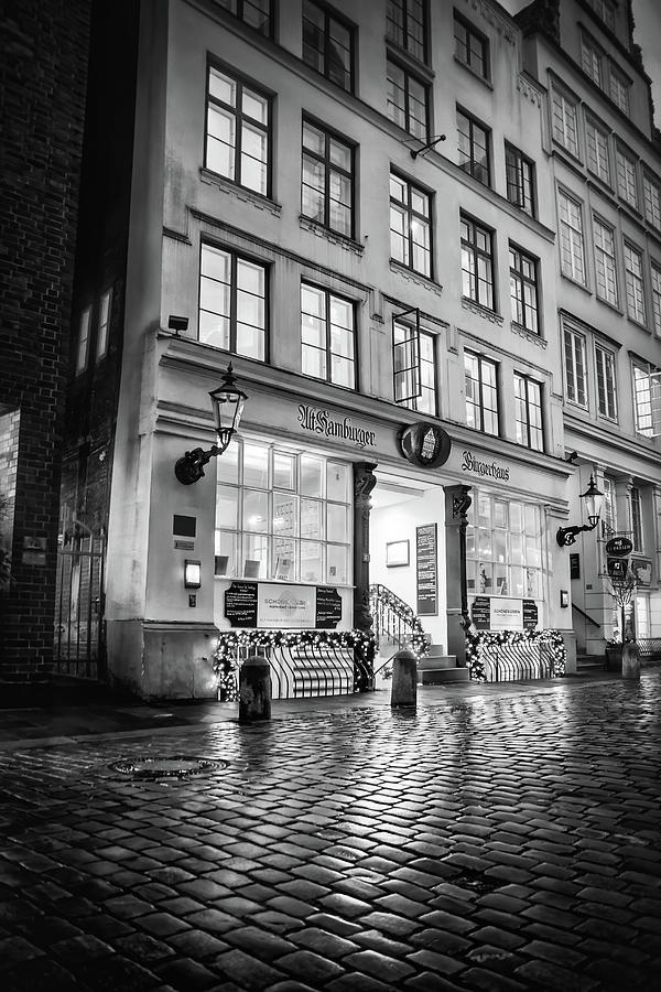 Festive Lights of Deichstrasse Hamburg Germany Black and White  Photograph by Carol Japp