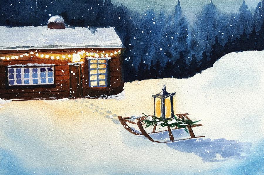 Festive Scandinavian Cabin Painting by Tanya Gordeeva