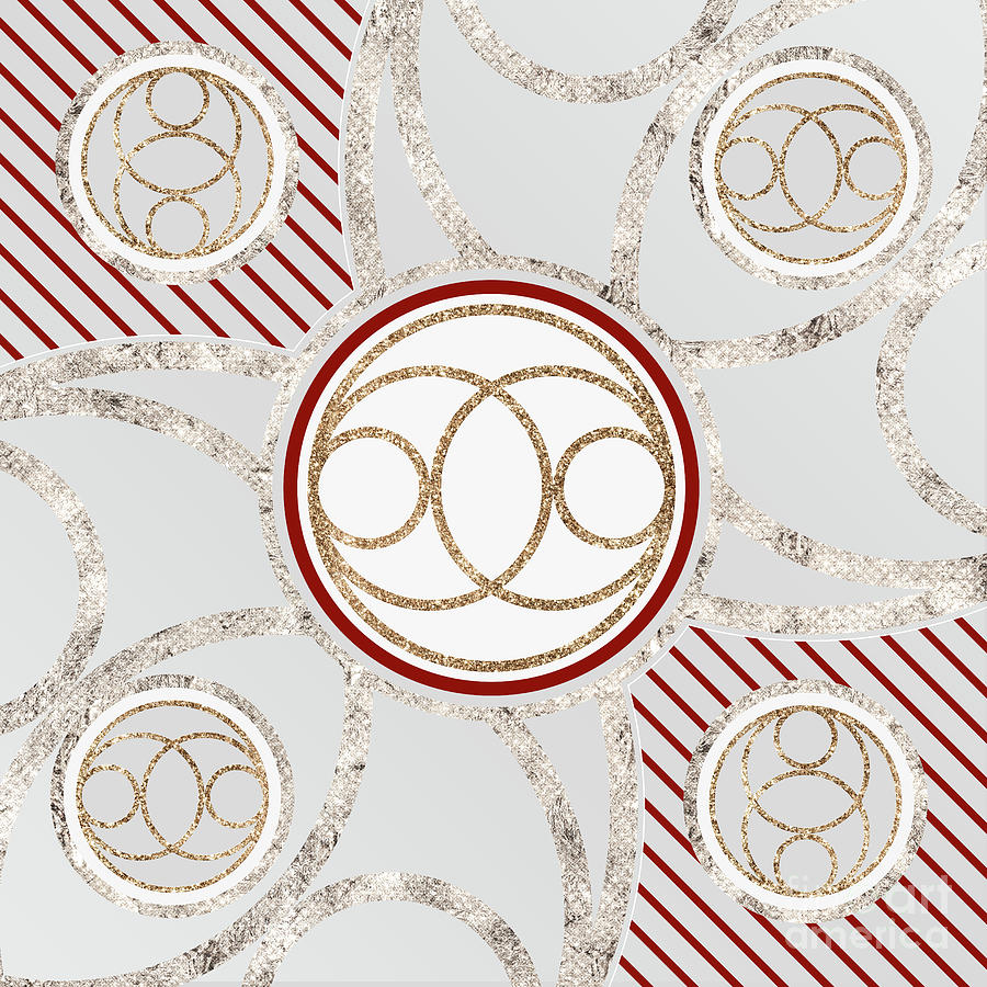 Festive Sparkly Geometric Glyph Art in Red Silver and Gold n.0072 Mixed Media by Holy Rock Design