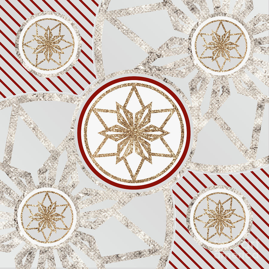 Festive Sparkly Geometric Glyph Art in Red Silver and Gold n.0077 Mixed Media by Holy Rock Design