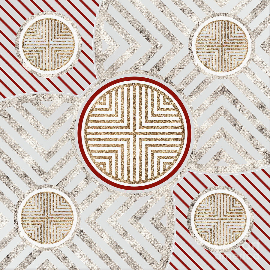 Festive Sparkly Geometric Glyph Art in Red Silver and Gold n.0082 Mixed Media by Holy Rock Design