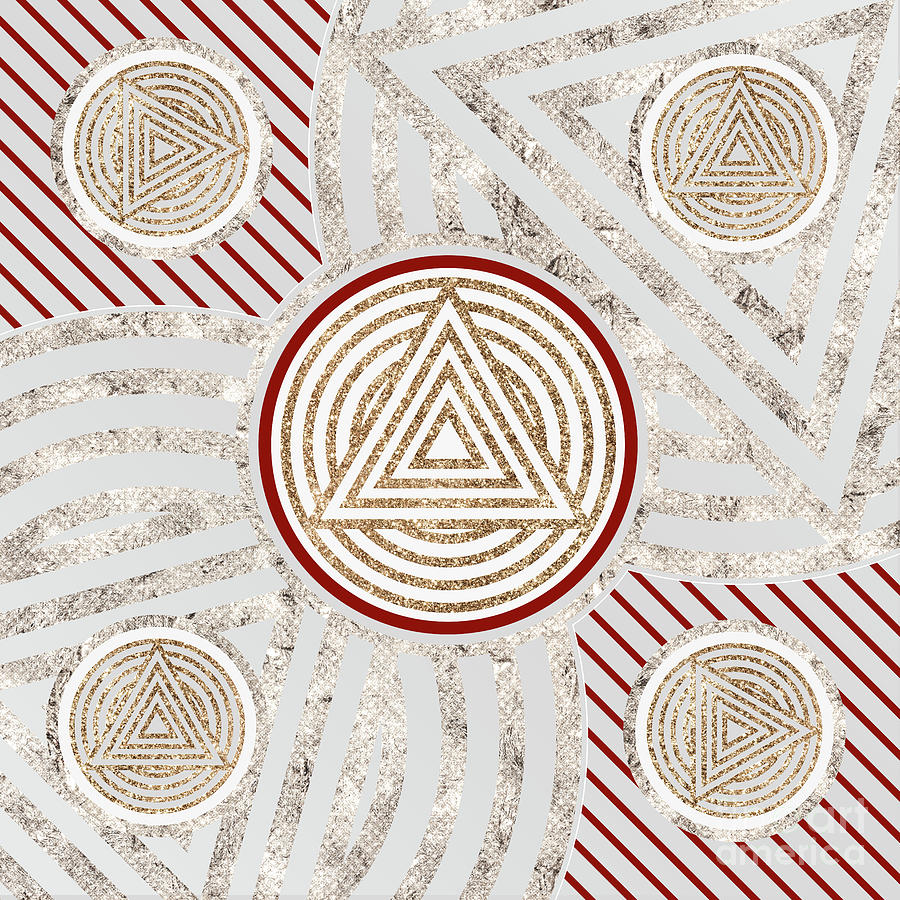 Festive Sparkly Geometric Glyph Art in Red Silver and Gold n.0087 Mixed Media by Holy Rock Design
