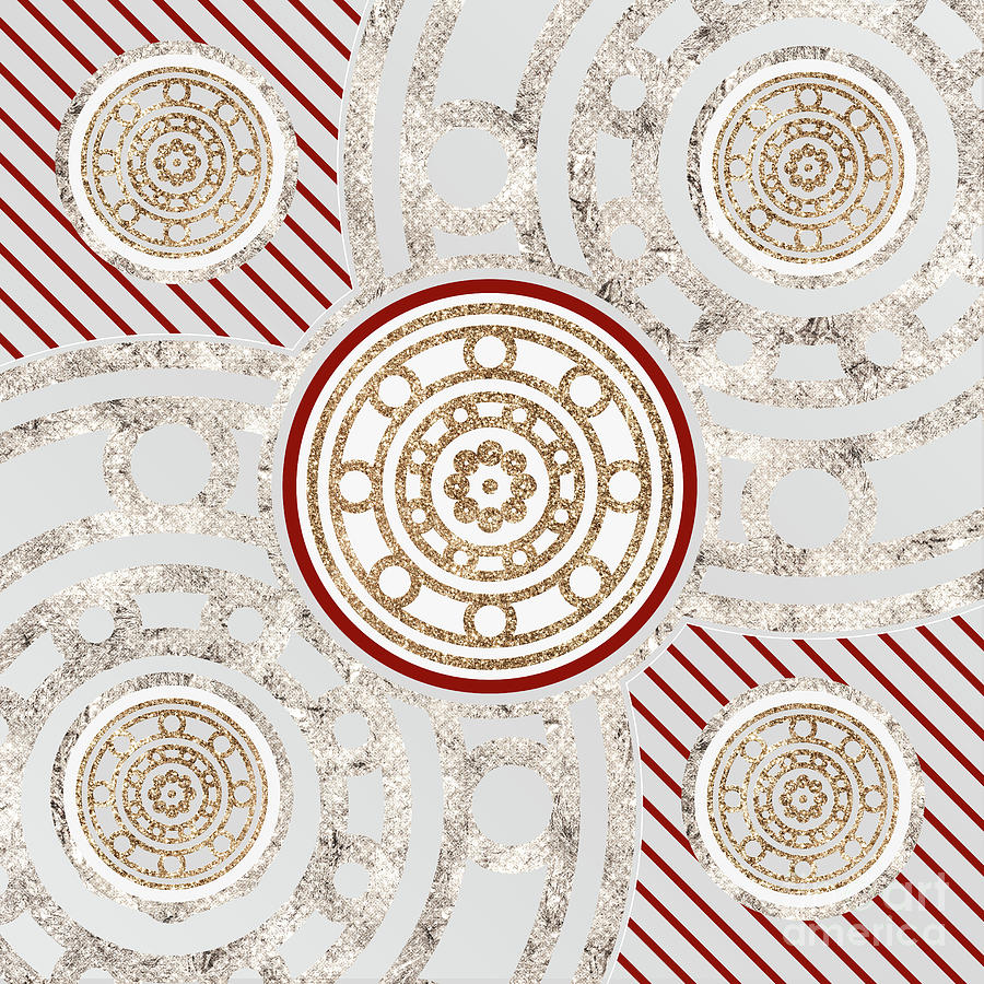 Festive Sparkly Geometric Glyph Art in Red Silver and Gold n.0132 Mixed Media by Holy Rock Design