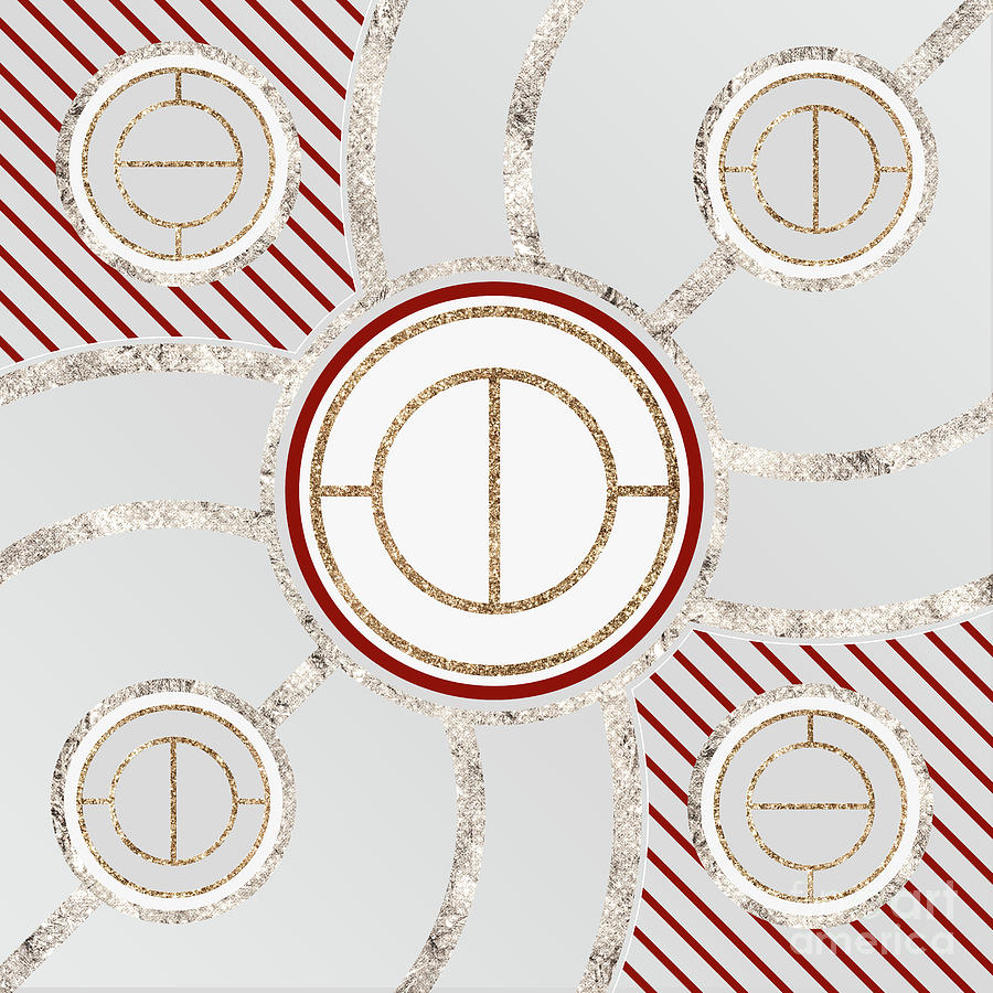 Festive Sparkly Geometric Glyph Art in Red Silver and Gold n.0287 Mixed Media by Holy Rock Design