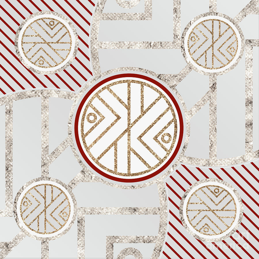 Festive Sparkly Geometric Glyph Art in Red Silver and Gold n.0337 Mixed Media by Holy Rock Design