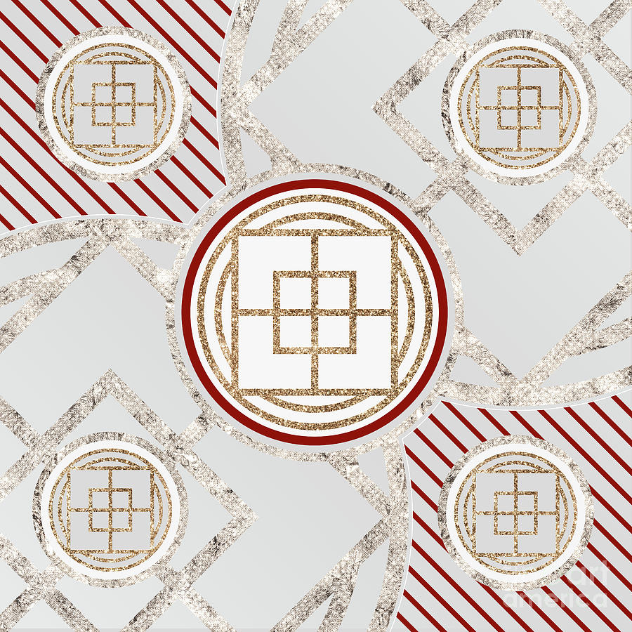 Festive Sparkly Geometric Glyph Art in Red Silver and Gold n.0432 Mixed Media by Holy Rock Design