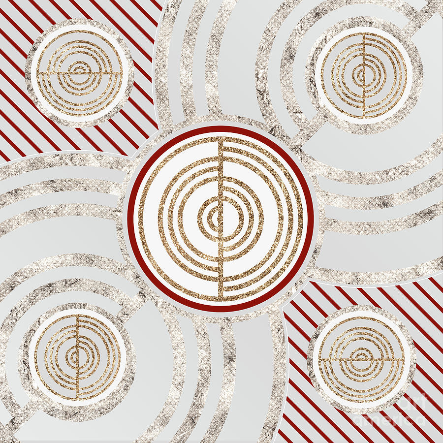 Festive Sparkly Geometric Glyph Art in Red Silver and Gold n.0442 Mixed Media by Holy Rock Design