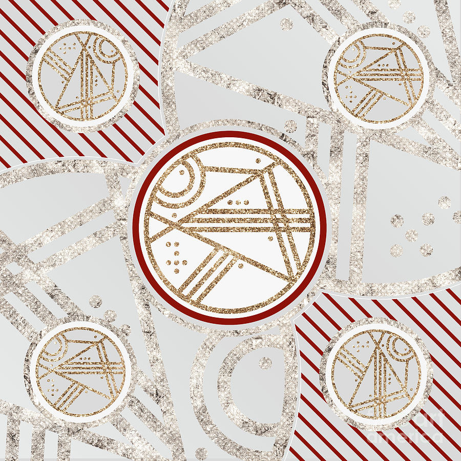 Festive Sparkly Geometric Glyph Art in Red Silver and Gold n.0447 Mixed Media by Holy Rock Design