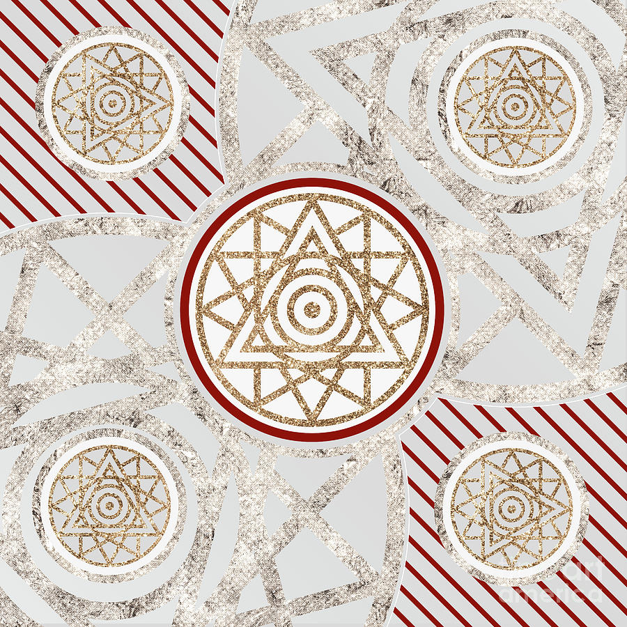 Festive Sparkly Geometric Glyph Art in Red Silver and Gold n.0462 Mixed Media by Holy Rock Design