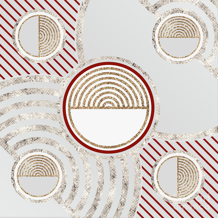 Festive Sparkly Geometric Glyph Art in Red Silver and Gold n.0472 Mixed Media by Holy Rock Design
