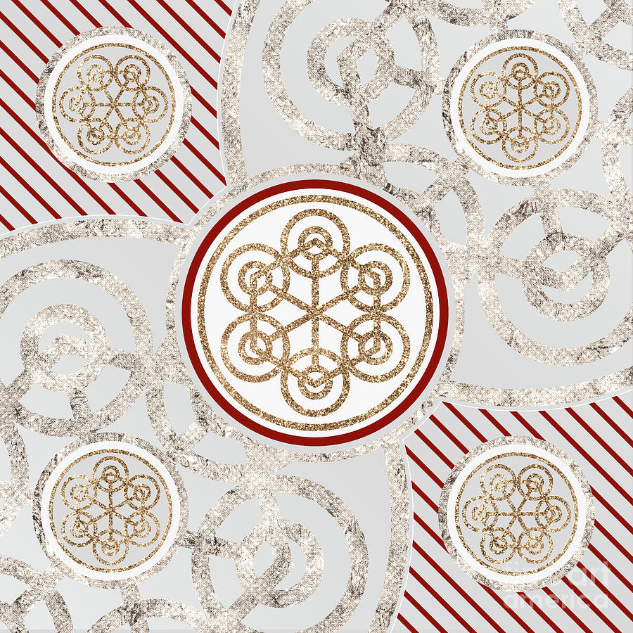 Festive Sparkly Geometric Glyph Art in Red Silver and Gold n.0477 Mixed Media by Holy Rock Design