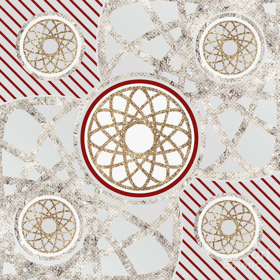 Festive Sparkly Geometric Glyph Art in Red Silver and Gold n.0487 Mixed Media by Holy Rock Design