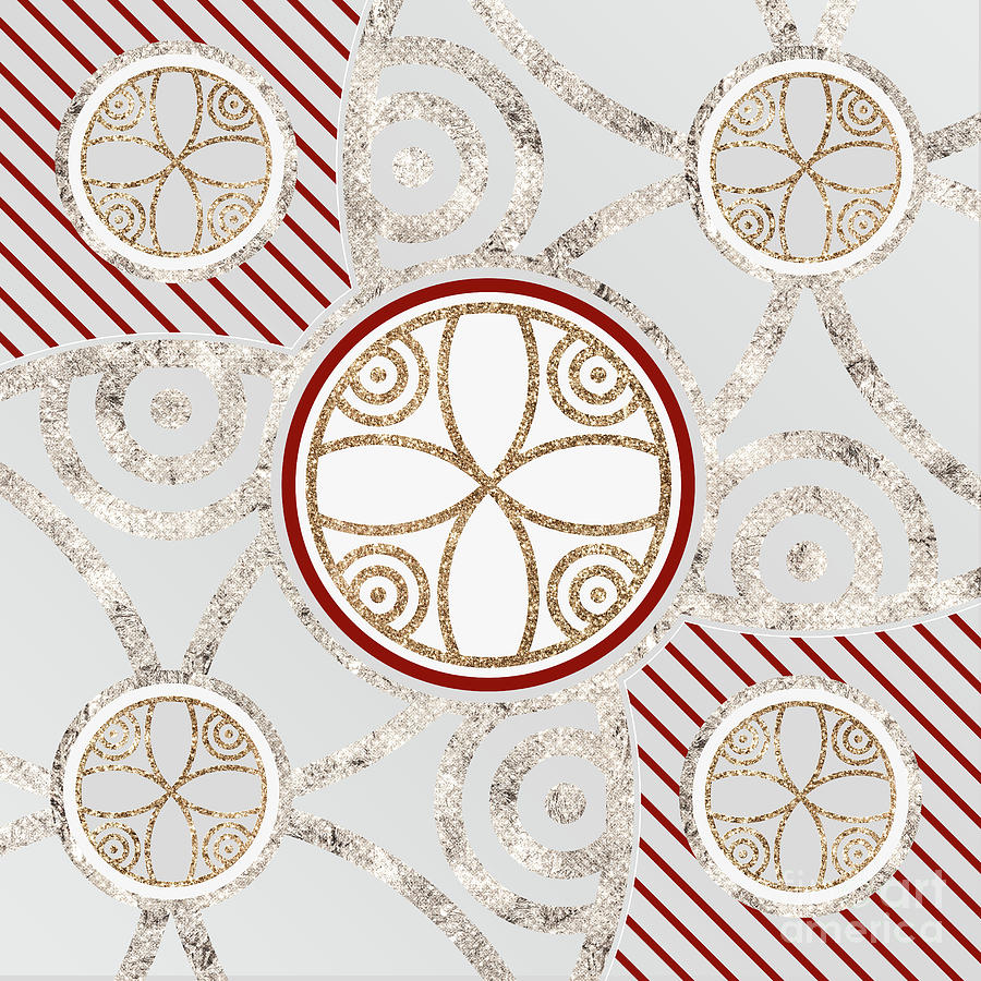Festive Sparkly Geometric Glyph Art in Red Silver and Gold n.0492 Mixed Media by Holy Rock Design