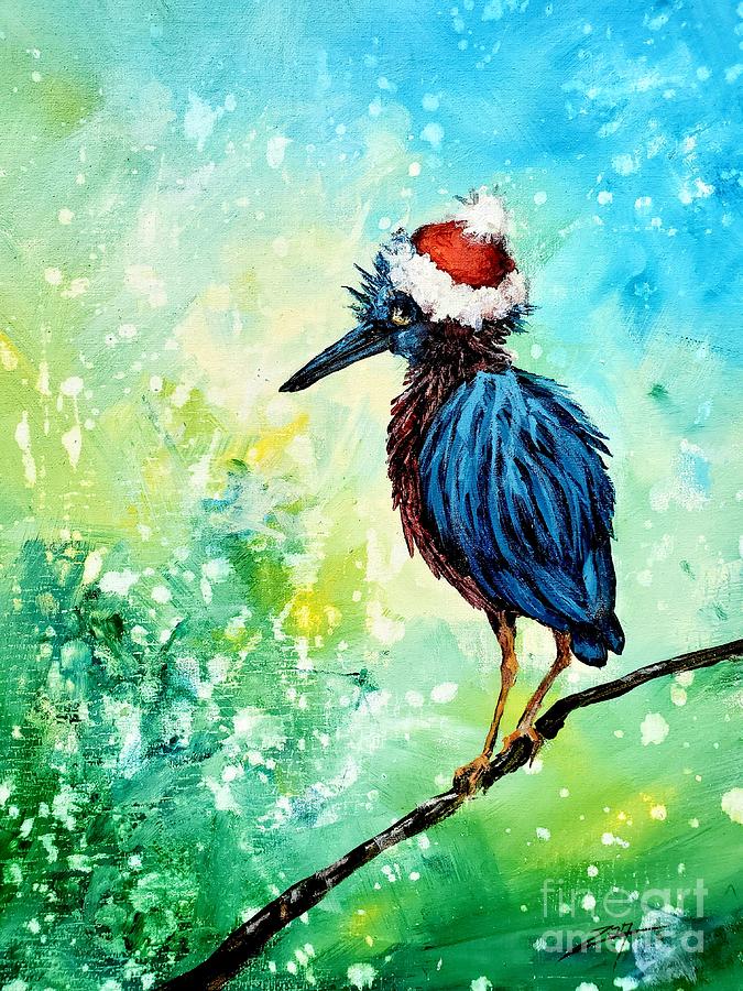 Festive Winter Heron Painting by Zan Savage