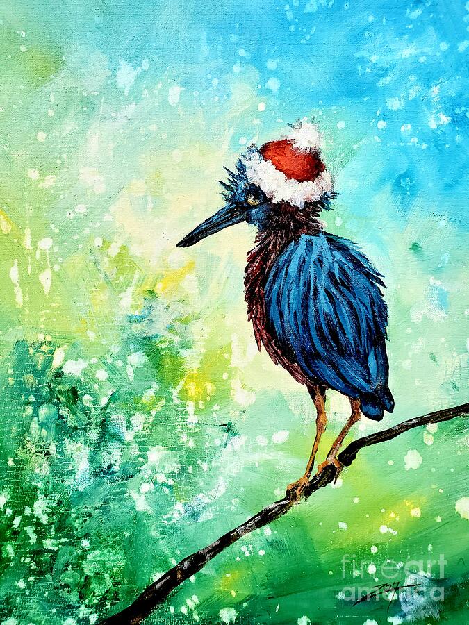 Festive Winter Heron Painting by Zan Savage