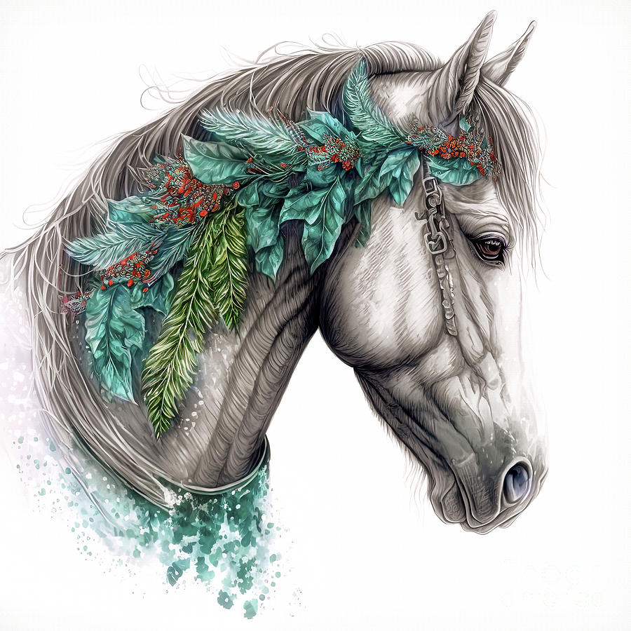 Festive Winter horse portrait  Digital Art by Elaine Manley