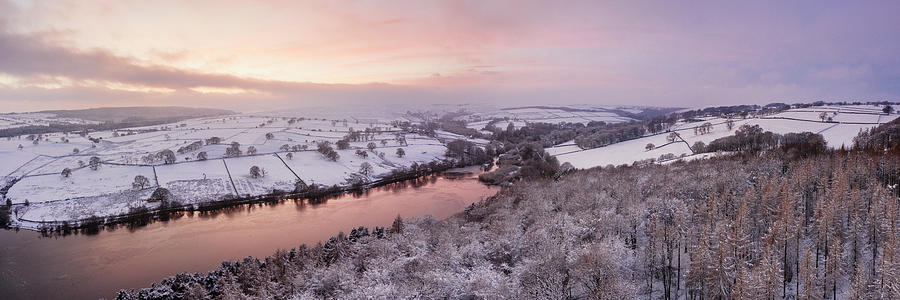 Fewston Resrvoir aerial in winter at sunset Photograph by Sonny Ryse