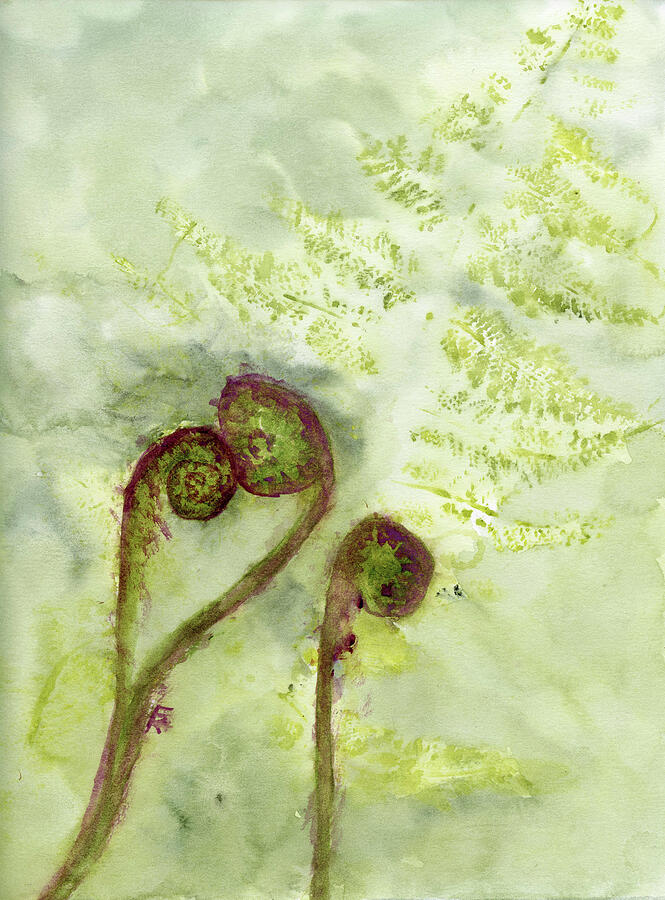 Fiddle-Footed, Fiddleheads with Monoprinted Fern Painting by Elizabeth Reich