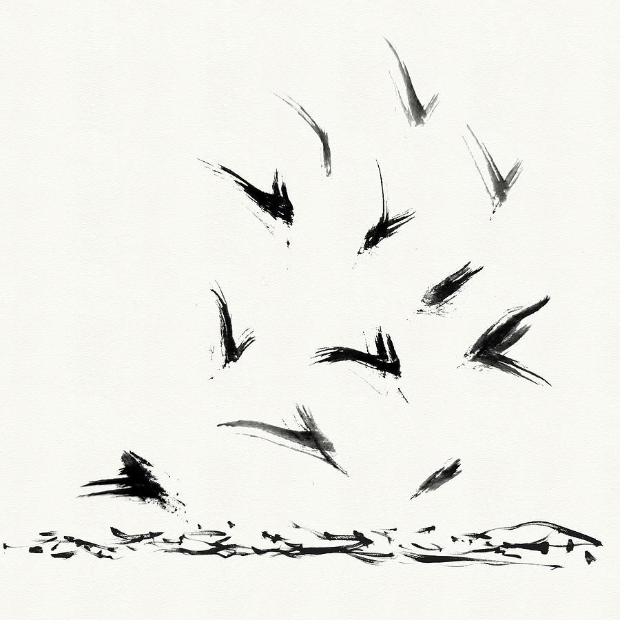 Field Crows - Minimal Ink Brush Abstract Drawing by Menega Sabidussi