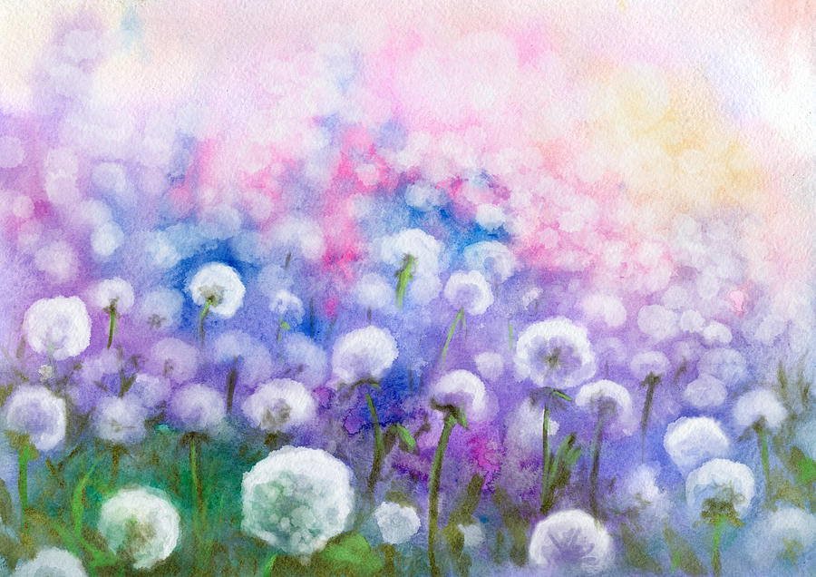 Field of dandelions, watercolor painting Drawing by Pobytov