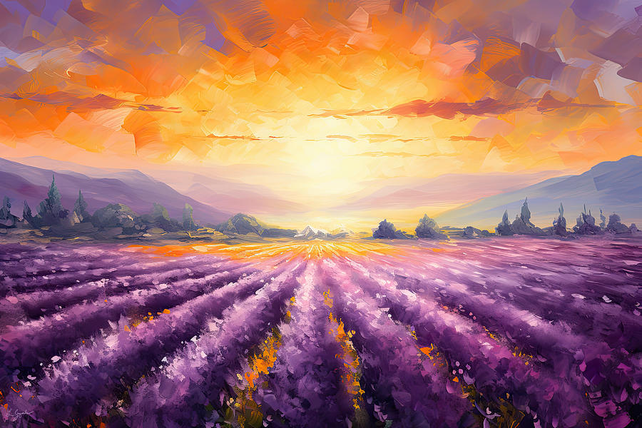Field Of Purple Dreams - Lavender Field at Sunset - Lavender Fields Art Painting by Lourry Legarde