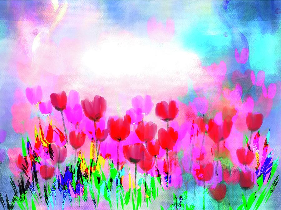 Field of Red Tulips Digital Art by Frank Bright